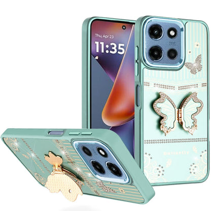 Phone Case for Motorola Moto G 5G 2026 / 2025 Glitter Bling Butterfly Stand Metallic Edge Hybrid Shockproof Grip Durable Camera Protection Stylish Design Cover Teal