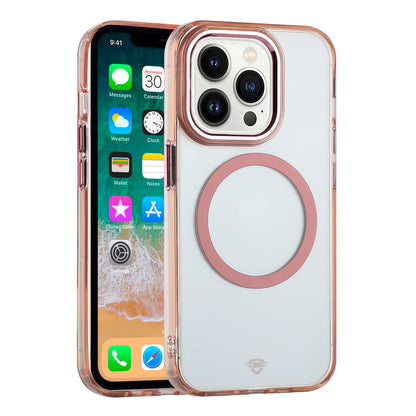 For Apple iPhone 14 Pro Transparent Back Hybrid Case - Magnetic Circle, Color Frame, Metal Buttons, MagSafe Compatible Case Cover Rose Gold