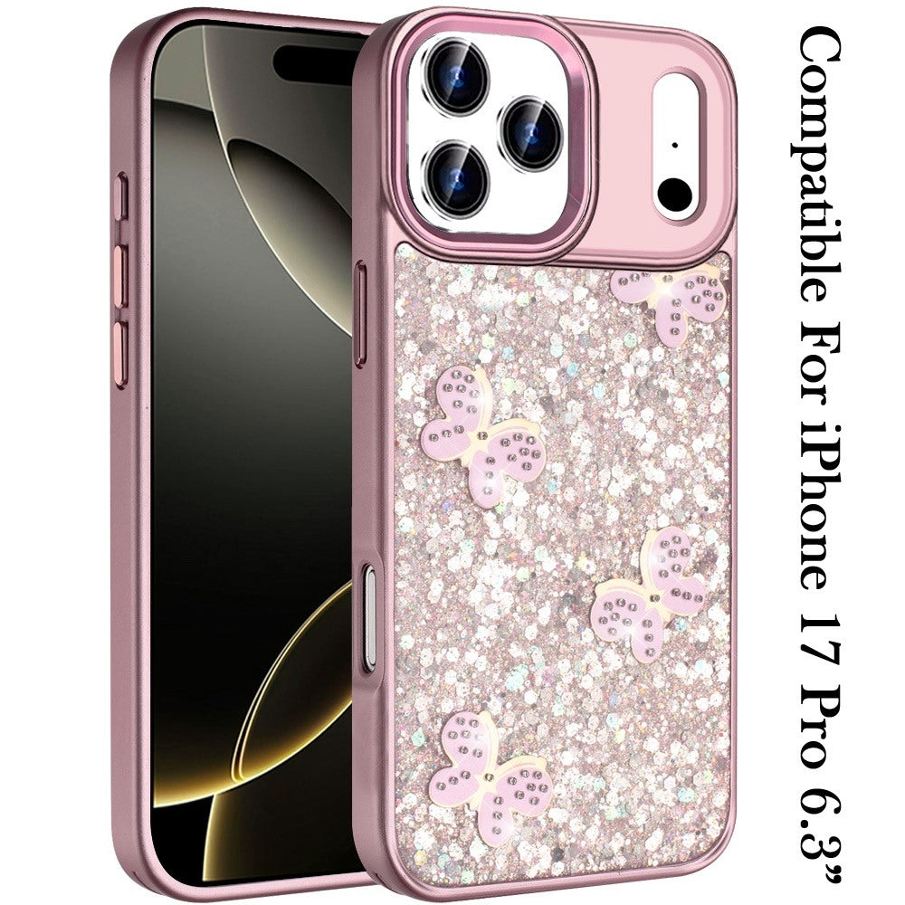 For Apple iPhone 17 Pro (6.3") Cute Butterfly Crystal Diamond Glitter Case Sparkle Bling Frame Metallic Edges, Shimmer TPU Hybrid Case Cover
