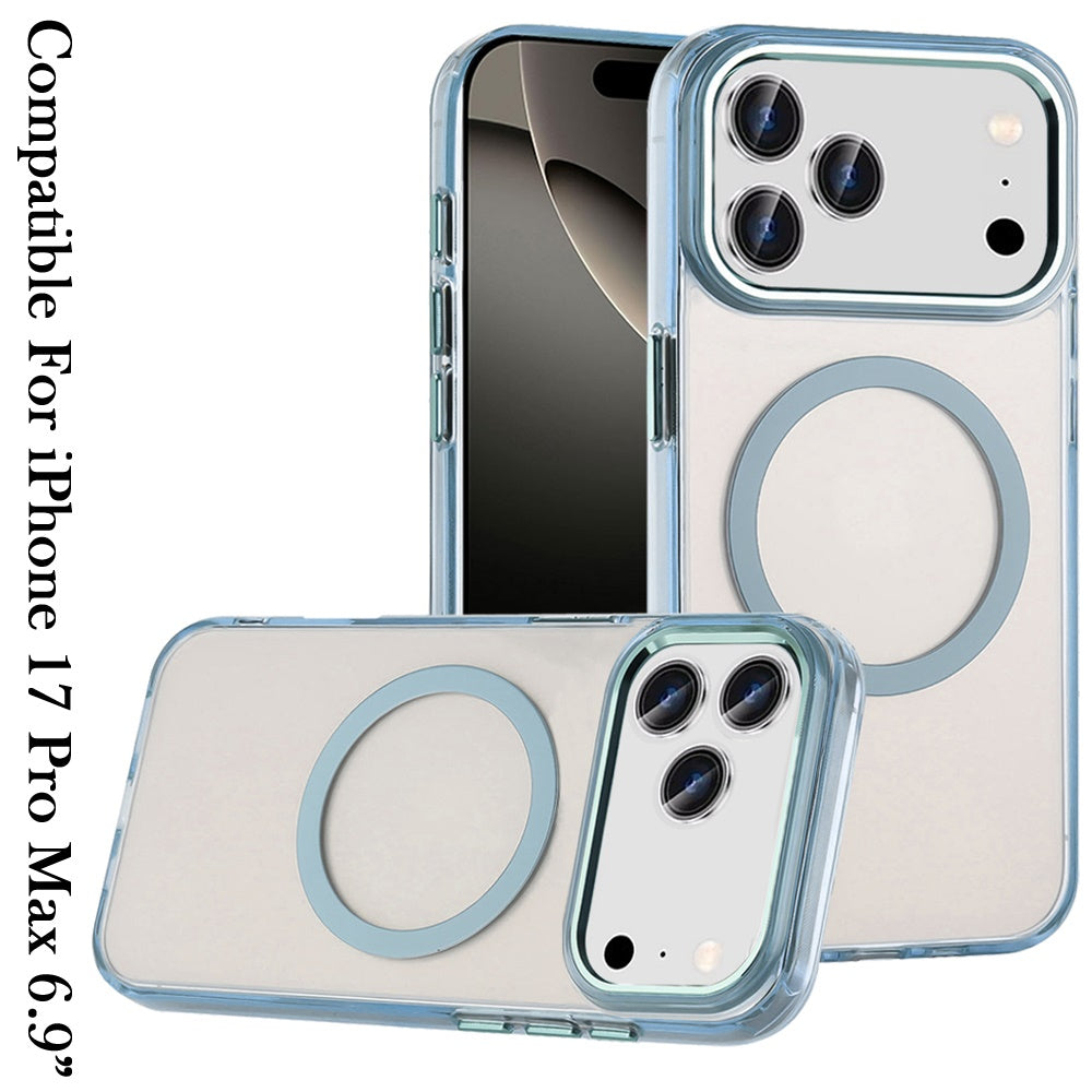 For Apple iPhone 17 Pro Max (6.9") Transparent Back Hybrid Case - Magnetic Circle, Color Frame, Metal Buttons, MagSafe Compatible Case Cover