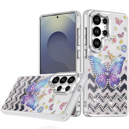For Samsung Galaxy S25 Ultra Butterfly Resin Epoxy Diamond Design Metal Edged Hybrid Shockproof Heavy Duty Drop Protection Case Cover