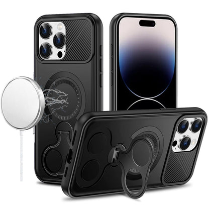 For iPhone 14 Pro Max (6.7") Hybrid with Invisible 2 Hole Ring Stand Magnetic back Car Mount Friendly Protector Case Cover Black