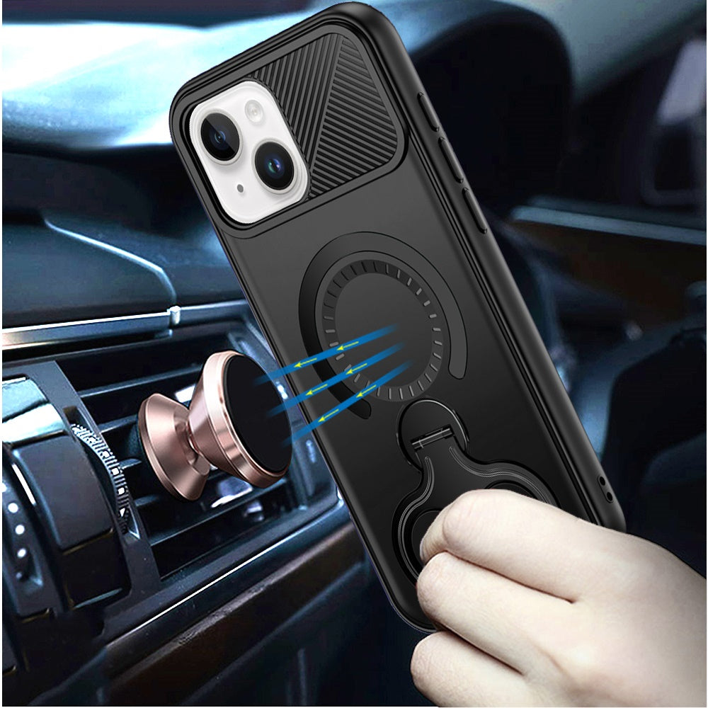 Phone Case for iPhone 15 Magnetic Ring Stand Car Mount Friendly Shockproof Rugged Grip Armor Dual Ring Kickstand Heavy Duty Hybrid Cover Black