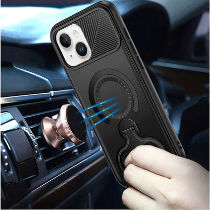 Phone Case for iPhone 15 Magnetic Ring Stand Car Mount Friendly Shockproof Rugged Grip Armor Dual Ring Kickstand Heavy Duty Hybrid Cover Black