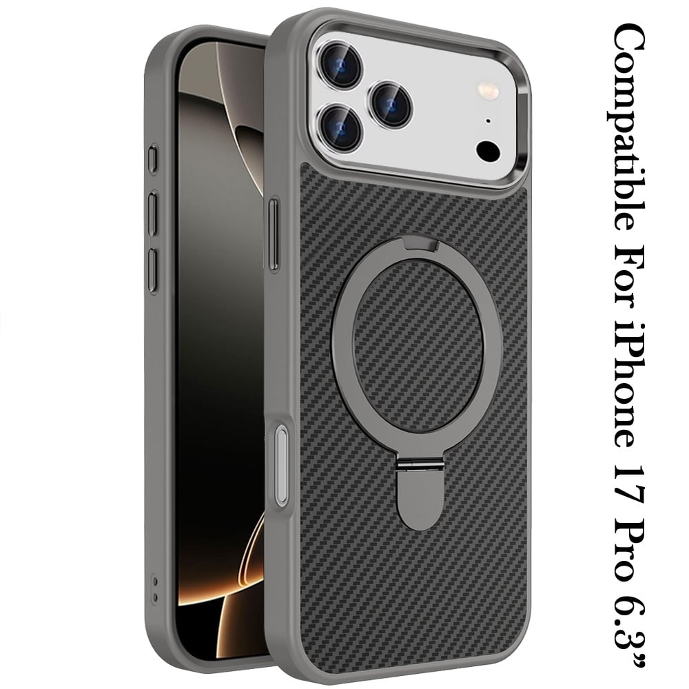 For Apple iPhone 17 Pro (6.3") Hybrid Carbon Fiber Design with MagSafe Compatible [Magnetic Circle], Ring Stand Shockproof Slim TPU Case Cover