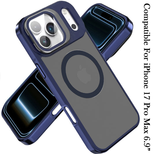 Phone Case for Apple iPhone 17 Pro Max Magnetic Circle Camera Stand Aluminum Frame Shockproof Rugged Kickstand Metallic Button Hybrid Protective Durable Grip Cover Navy Blue