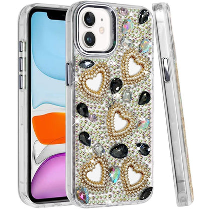 Phone Case for Apple iPhone 11 Luxury Crystal Heart Rhinestone Diamond Bling Shockproof Hybrid Glitter Protective Stylish Durable Grip Cover Black