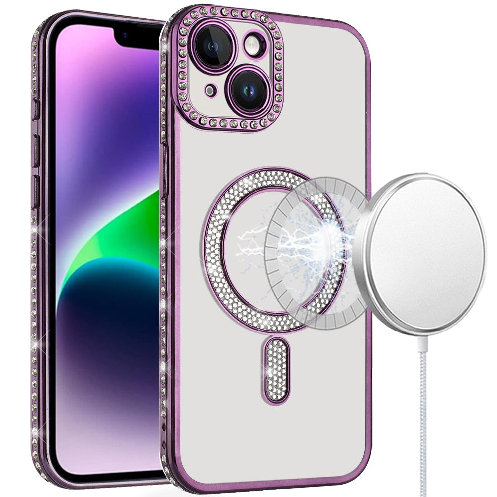 For Apple iPhone 16 (6.1") Bling Case with Diamond Magnetic Circle, Transparent Slim Shockproof Hybrid Slim Fit Case Cover