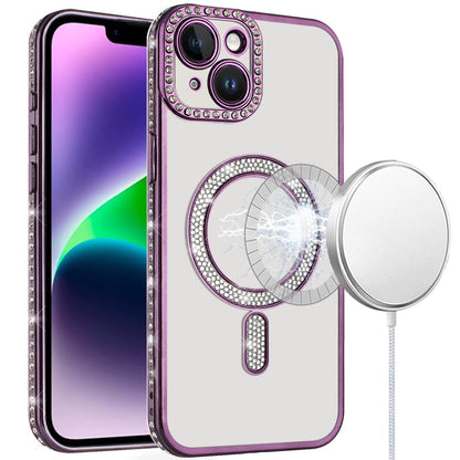 For Apple iPhone 15 Bling Case with Diamond Magnetic Circle, Transparent Slim Shockproof Hybrid Slim Fit Case Cover