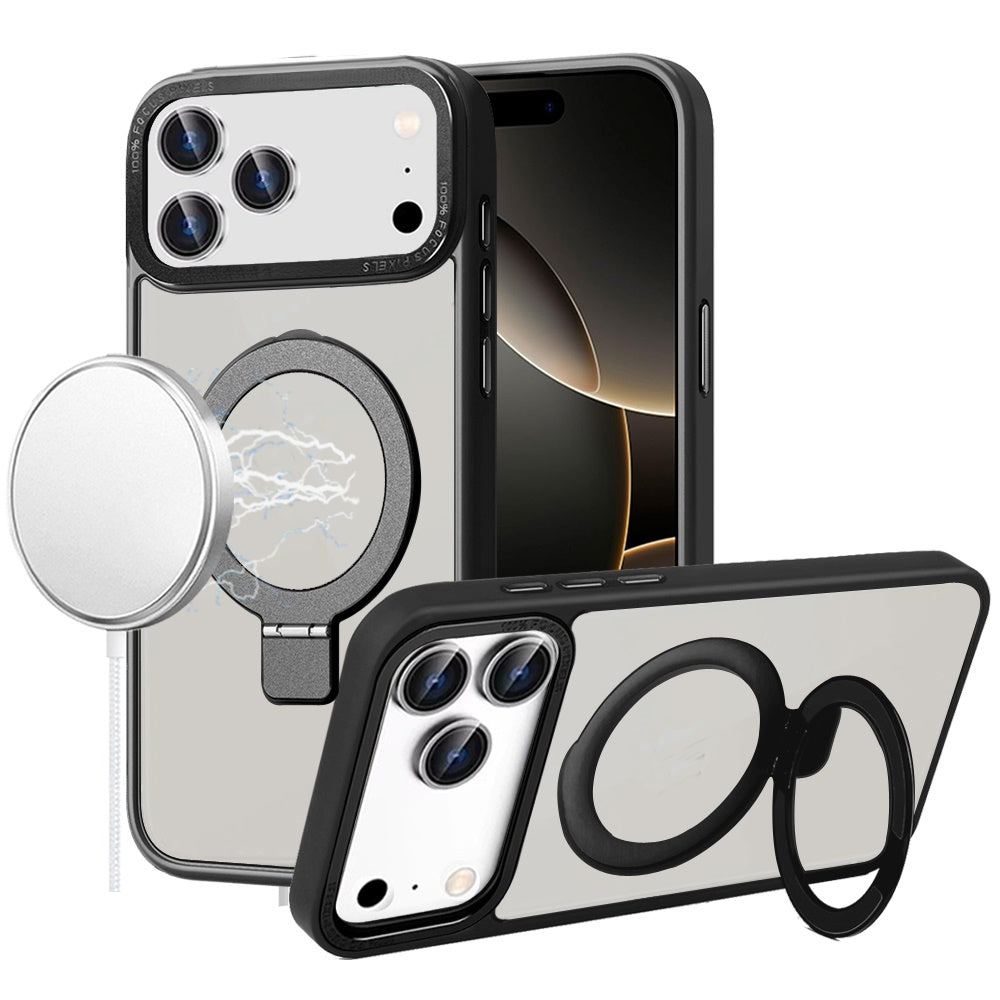 Phone Case for Apple iPhone 17 Pro Max (6.9") Metal Chrome Magnetic Circle Kickstand Shockproof Matching Camera Protector Durable Grip Hybrid Armor Cover Black