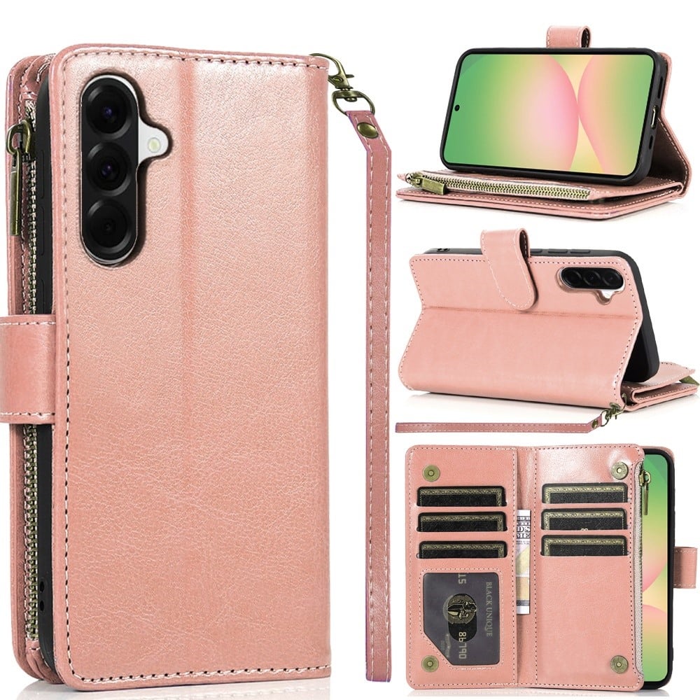 Phone Case for Samsung Galaxy A57 Luxury Leather Wallet Card Holder Zipper Pocket Money Storage Protective Grip Design with Strap Cover Pink