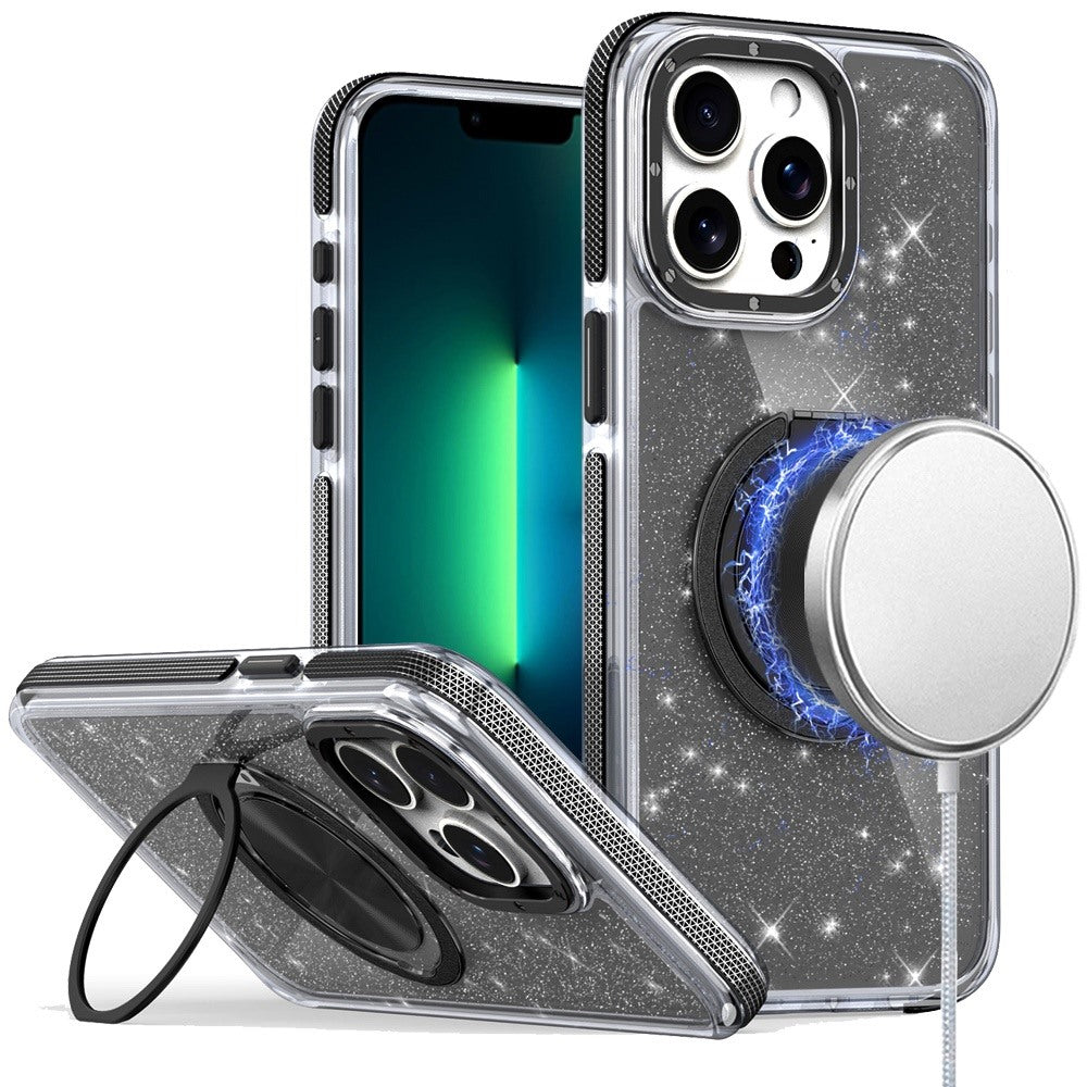 For Apple iPhone 13 Pro Slim Bling Glitter Sparkly Shimmer Hybrid with Magnetic Ring and 360° Rotational Stand [Compatible with Magsafe] Case Cover