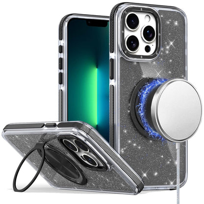For Apple iPhone 13 Pro Slim Bling Glitter Sparkly Shimmer Hybrid with Magnetic Ring and 360° Rotational Stand [Compatible with Magsafe] Case Cover