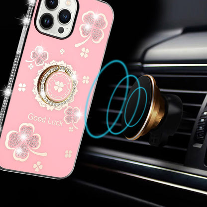 Phone Case for Apple iPhone 15 Glitter Diamond Ring Stand Sparkle Rhinestone Edge AntiSlip Kickstand Luxury Fashion Bumper Shockproof Cover Pink