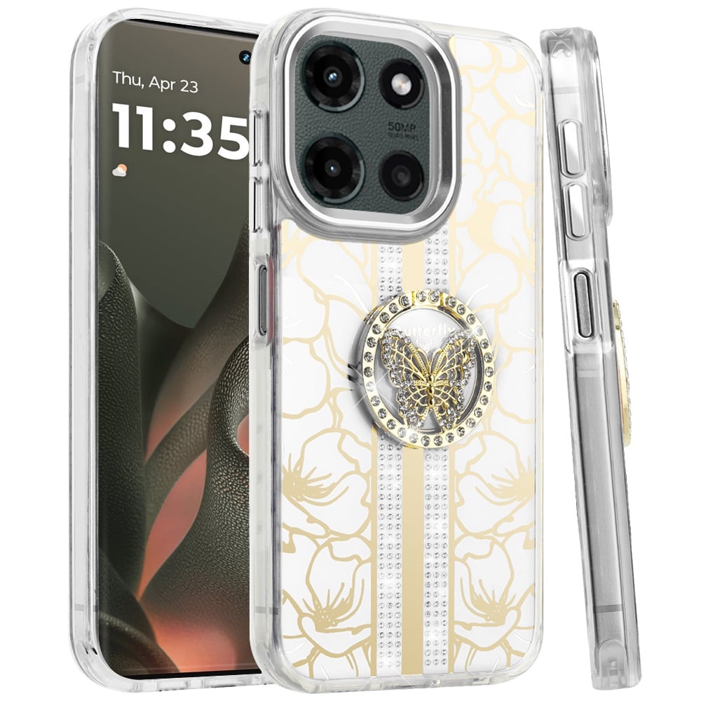 For Motorola Edge 2025 Diamonds 3D Butterfly Floral Design Bling Sparkly Glitter Hybrid Metal Fashion with Ring Stand Case Cover