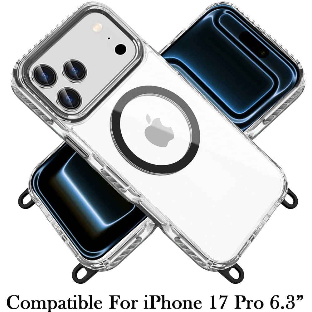 For Apple iPhone 17 Pro (6.3") Clear Magnetic Frame PC Back Shockproof Protective Case with Detachable Lanyard Strap, Compatible with MagSafe Case Cover Black