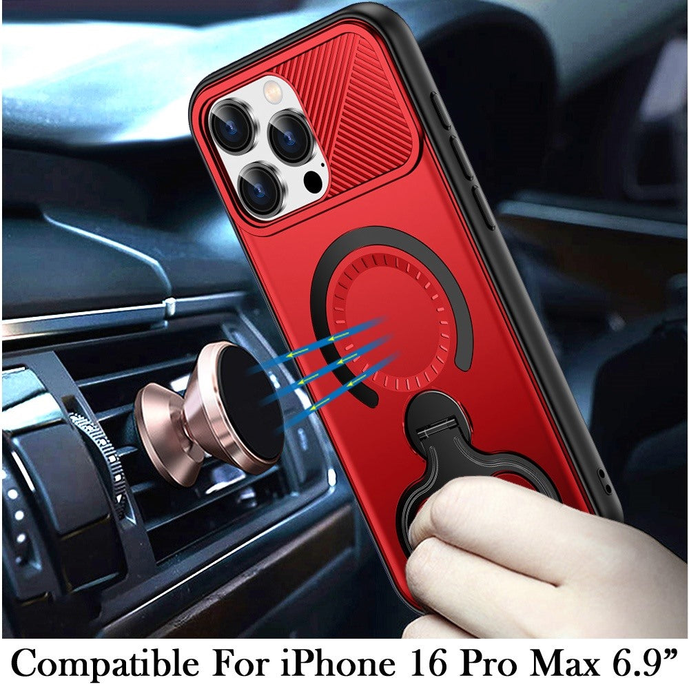 For iPhone 16 Pro Max (6.9") Hybrid with Invisible 2 Hole Ring Stand Magnetic back Car Mount Friendly Protector Protector