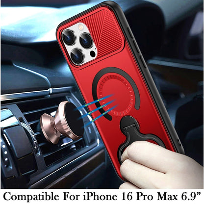 For iPhone 16 Pro Max (6.9") Hybrid with Invisible 2 Hole Ring Stand Magnetic back Car Mount Friendly Protector Protector