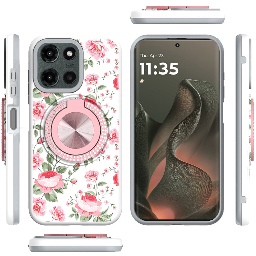 For Motorola Moto G 5G 2025 Pattern Design Hybrid with Invisible Ring Stand & Magnetic Back, Shockproof Protective Grip Case Cover