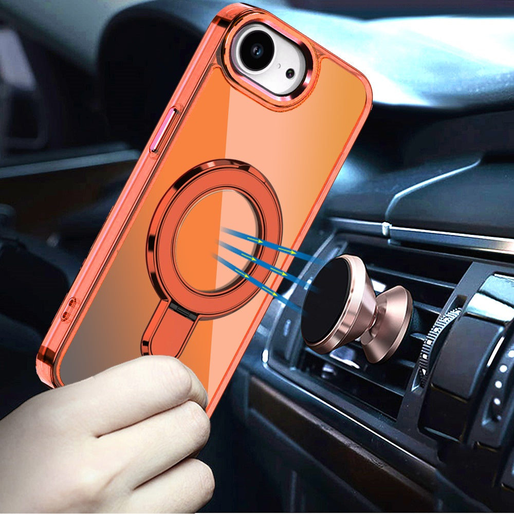 For Apple iPhone 17E /16E Chrome Hybrid with Rotating Magnetic Circle Ring Stand, Slim Shockproof Hybrid Case Cover Cosmic Orange