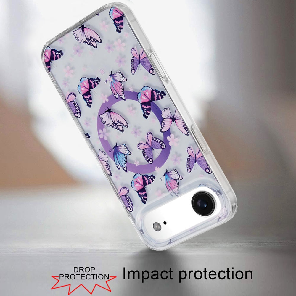 For Apple iPhone 17 AIR Stylish Pattern Fashion IMD Printed Design TPU Double Layer Slim Shockproof with Magnetic Back Case Cover Purple Butterflies