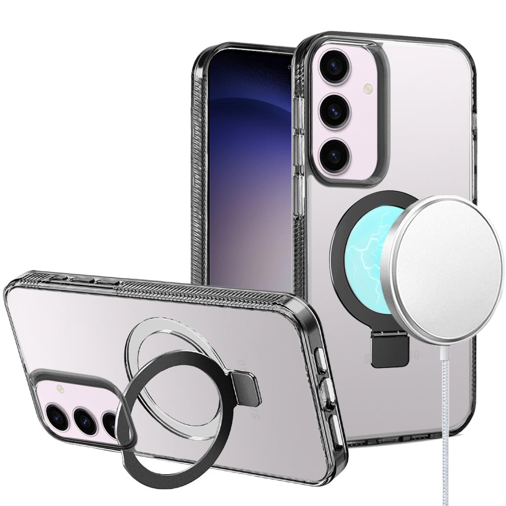Phone Case for Samsung Galaxy S23 Transparent Dotted Edge Magnetic Ring Stand Shockproof Hybrid Grip Kickstand Clear Rugged Drop Protection Cover Black