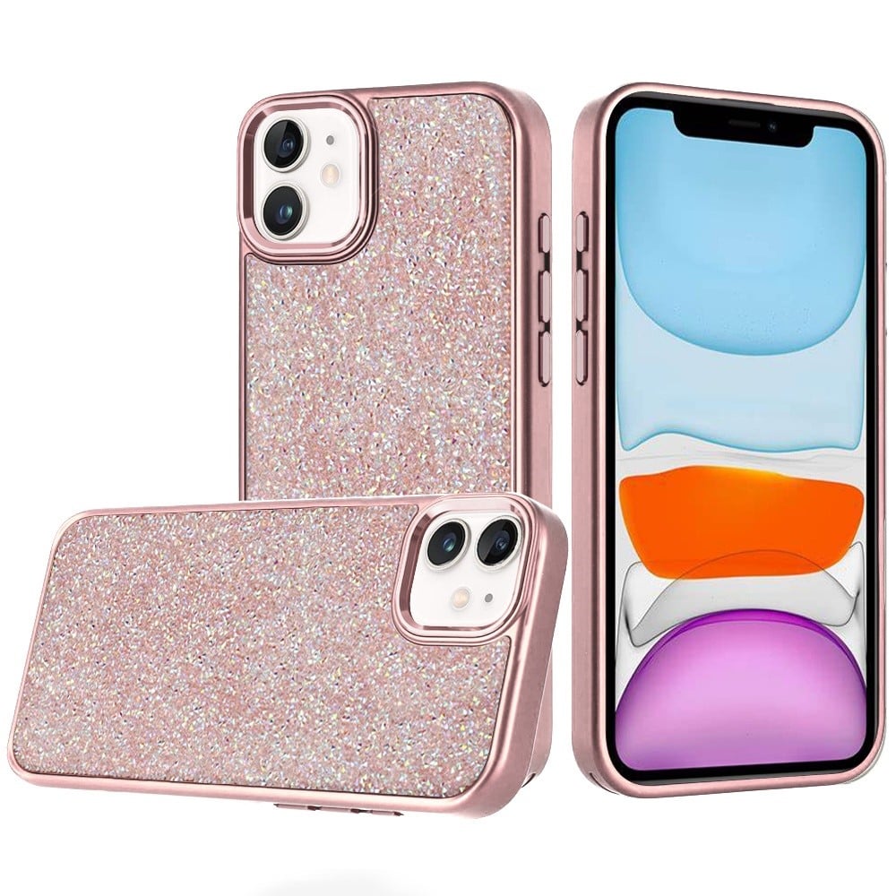 For Apple iPhone 11 Crystal Sparkle Diamond Glass Full Mini Glitter Bling Frame TPU Hybrid Protective Case Cover Rose Gold