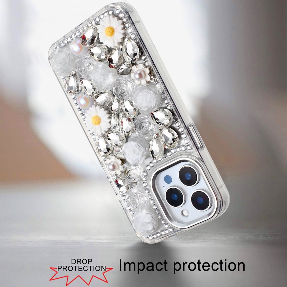 Phone Case for Apple iPhone 14 Pro Max Full Bling Rhinestone Glitter Floral Luxury Hybrid Shockproof Stylish Sparkling Protective Designer Ornament Cover White