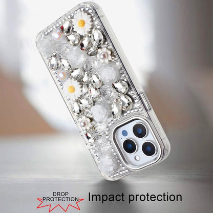 Phone Case for Apple iPhone 14 Pro Max Full Bling Rhinestone Glitter Floral Luxury Hybrid Shockproof Stylish Sparkling Protective Designer Ornament Cover White