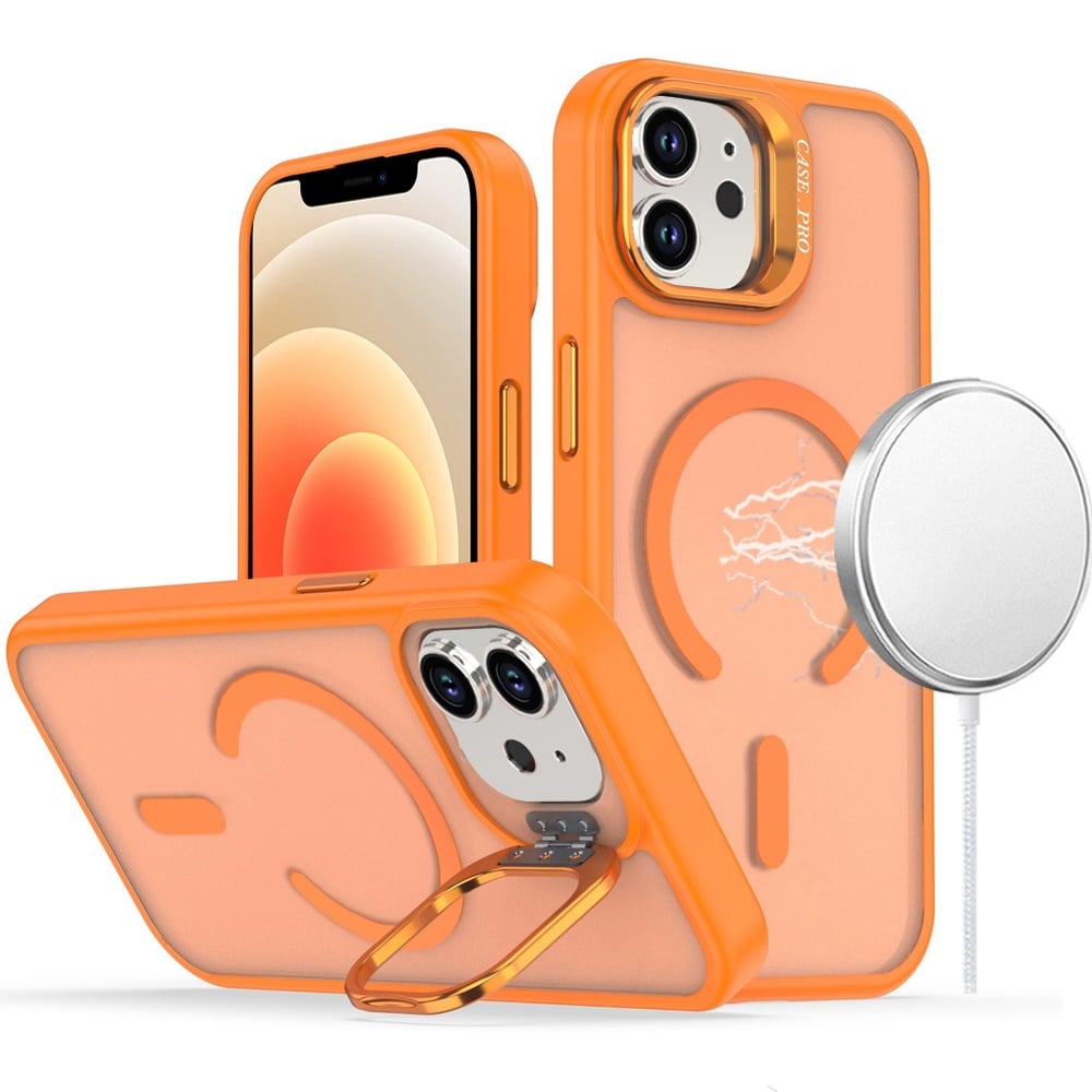 For iPhone 12 / iPhone 12 Pro (6.1") MagSafe Compatible Matte Metallic Stand TPU Hybrid Drop Protection Camera Kickstand Case Cover Cosmic Orange