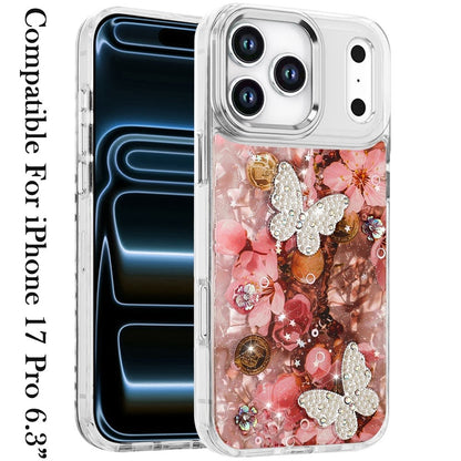 For Apple iPhone 17 Pro (6.3") Epoxy Glitter Flowers Bling 3D Butterfly Fashion TPU Hybrid with Shockproof Protection Case Cover