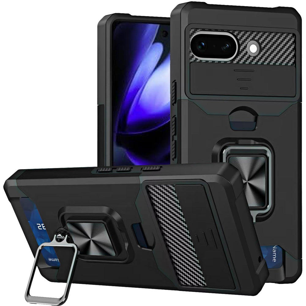 For Google Pixel 9A Wallet Case with Ring Stand & Slide Camera Cover Back Credit Card Slot Holder, Military Grade Case Cover