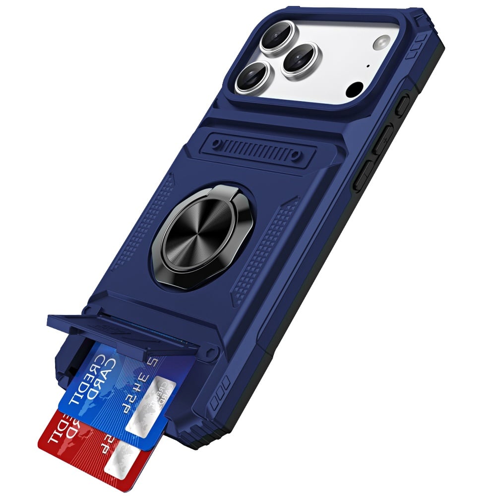 Phone Case for Apple iPhone 18 Pro Max Multi Functional Card Slot Shockproof Metal Ring Hybrid Wallet Rugged Protective Grip Heavy Duty Durable Cover Blue