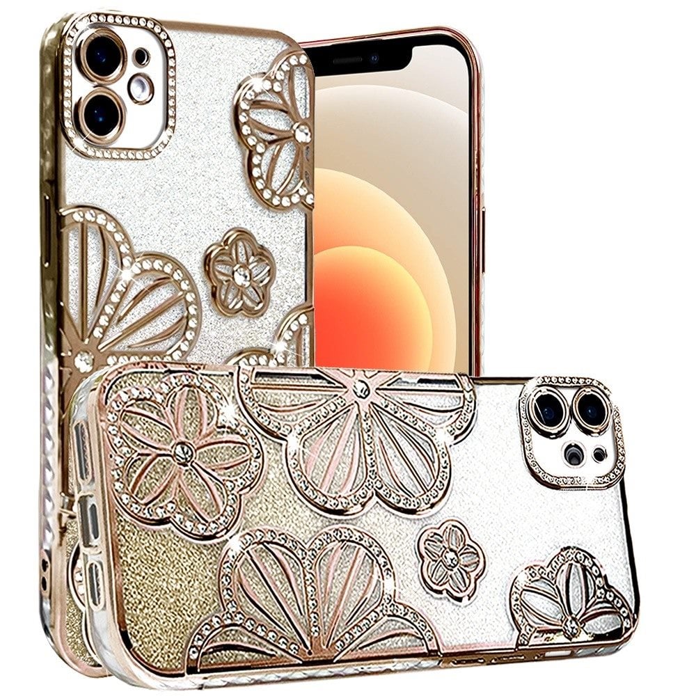 For iPhone 12 / iPhone 12 Pro (6.1") Luxury Flower Design Sparkle Glitter Diamond Rhinestone Shimmer Bling Plating Thick TPU Hard PC Case Cover