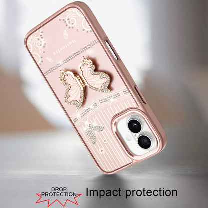 For Apple iPhone 17 (6.3") Glitter 3D Butterfly Design Bling Metallic Edge Hybrid Stand Drop Protection TPU Shockproof Case Cover