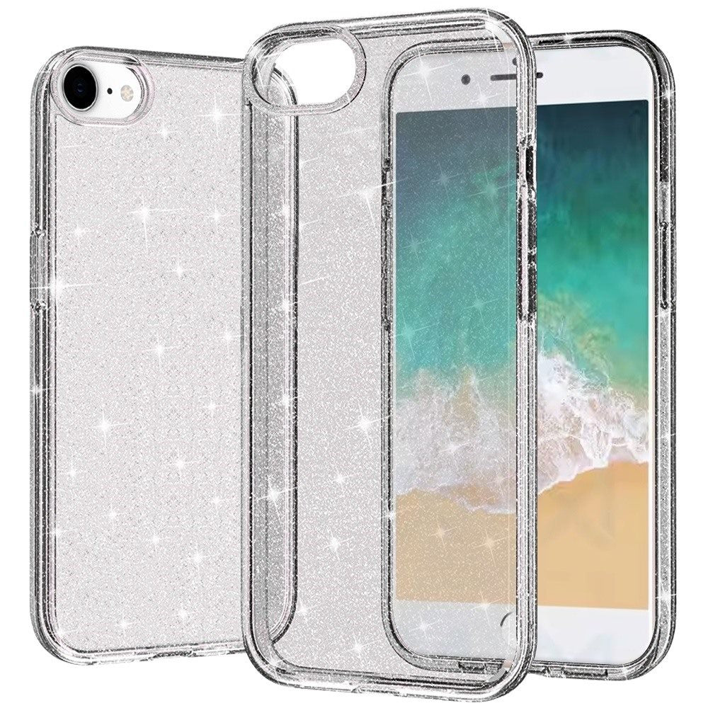 For Apple iPhone 16e Transparent Glitter Shiny Sparkle Bling TPU Rubber Hard Back Hybrid Frame Shockproof Case Cover