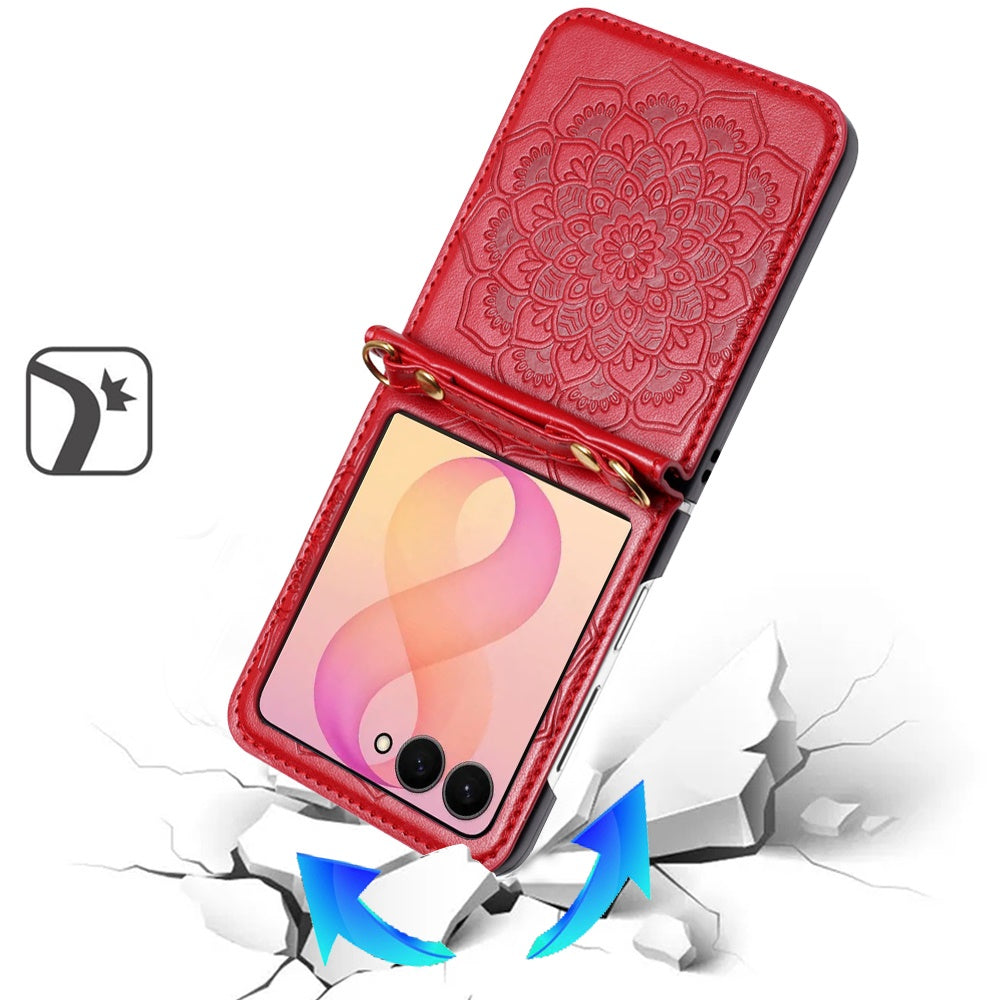 Phone Case for Samsung Galaxy Z Flip 8 PU Leather Embossed Floral Textured with Strap Protective Reinforced Edge Mandala Design Cover
