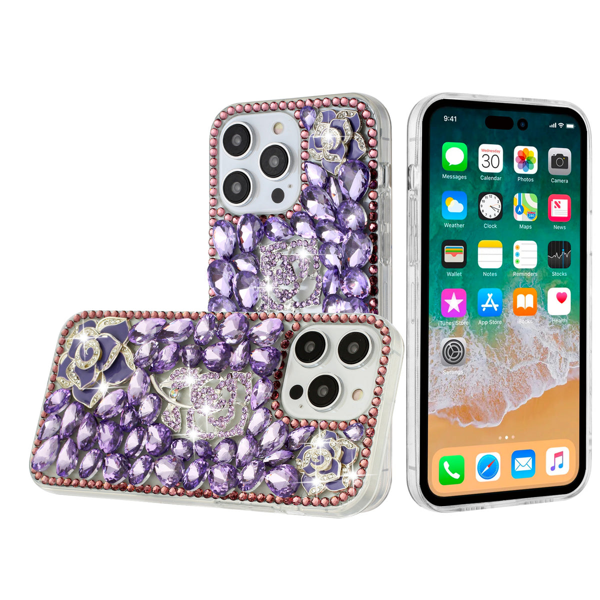 Phone Case for iPhone 15 3D Floral Diamond Bling Glitter Luxury Sparkle Hybrid Stylish Rhinestone Shockproof Protective Designer Cover Purple