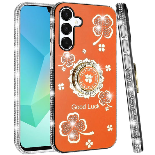 For Samsung Galaxy A16 5G Diamonds Bling All Around Edges Sparkly Glitter Hybrid with Ring Stand Holder Fashion Good Luck Case Cover Cosmic Orange
