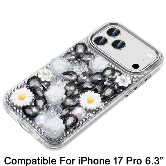 For Apple iPhone 17 Pro (6.3") Fashion Daisy Floral Series, Full 3D Bling Crystal Diamonds Sparkling Rhinestone Glitter Hybrid Design Case Cover