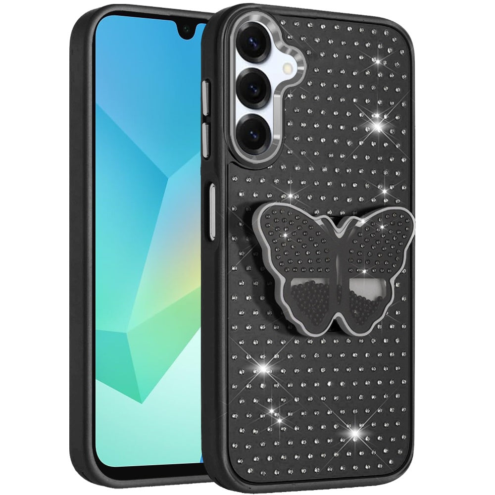 For Samsung Galaxy A16 5G Butterfly Moveable Grip 3D Pop Stand Full Diamond Bling Sparkling TPU Fashion Hybrid Case Cover