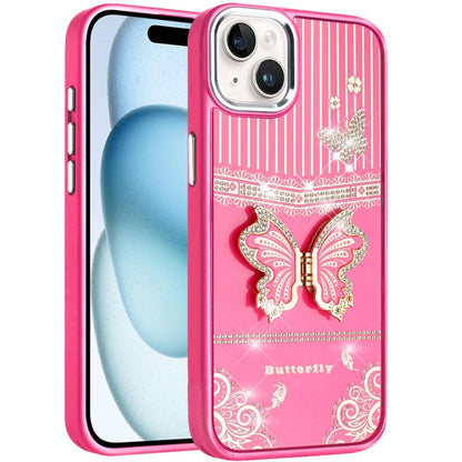 Phone Case for Apple iPhone 15 Glitter Bling Butterfly Stand Metallic Edge Hybrid Shockproof Grip Durable Camera Protection Stylish Design Cover