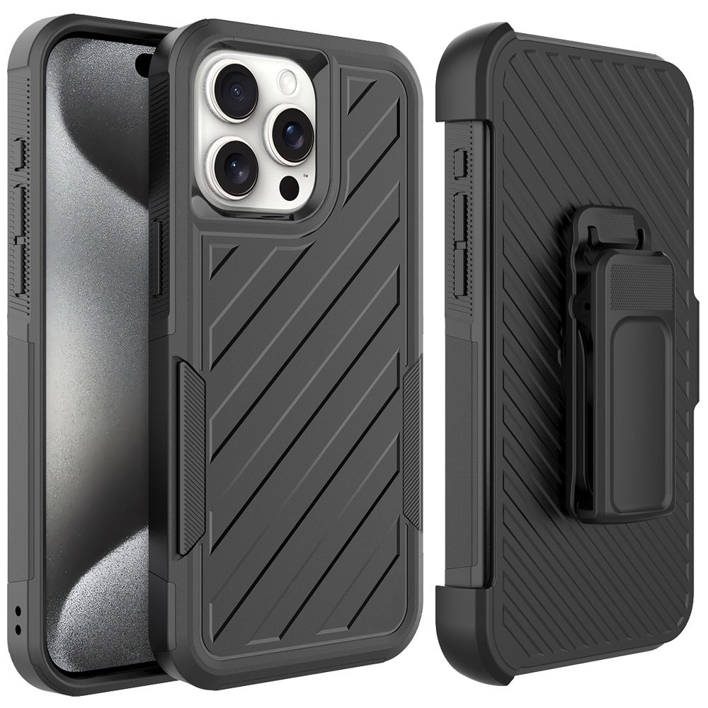 For Apple iPhone 16 Pro Max (6.9") Premium Design Hybrid lined with Belt Clip Holster Shockproof Rugged Textured 2in1 Non Slip Tough Case Cover Black