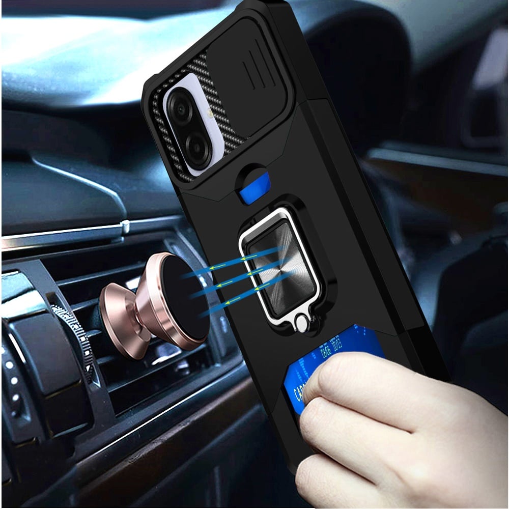 Phone Case Cover for Samsung Galaxy A07 4G Wallet Case with Ring Stand & Slide Camera Cover Back Credit Card Slot Holder, Military Grade Cover