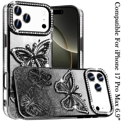 Phone Case for Apple iPhone 17 Pro Max (6.9") Butterfly Freedom Shimmer Glitter Thick TPU Shockproof Anti Slip Durable Protective Design Cover