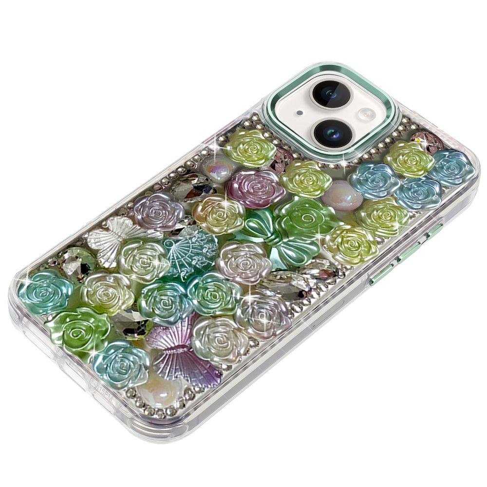 Phone Case for Apple iPhone 14/13 3D Flower Bling Rhinestone Glitter Cute Stylish Shockproof Protective Decorative Luxury Grip Stones Ornaments Cover Green