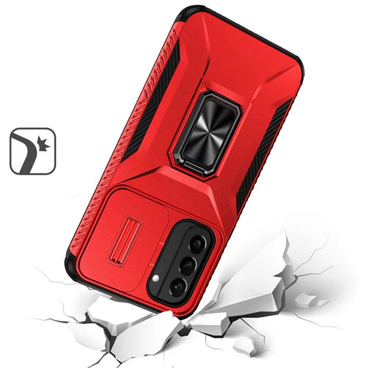 For Samsung Galaxy S21 Case, Camera Cover with Magnetic Rotation Ring Stand, Military Grade Hybrid Hard TPU Shockproof Case Cover Red