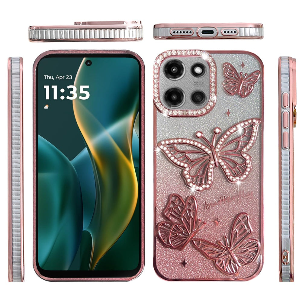 For Motorola Edge 2025 Luxury Butterfly Sparkle Glitter Diamond Crystal Rhinestone Shimmer Bling Plating Thick TPU Hard PC Case Cover