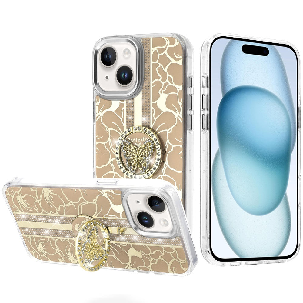 Phone Case for iPhone 15 (6.1") Floral Butterfly Ring Stand Glitter Shockproof Hybrid Luxury Metal Camera Protective Anti Slip Durable Grip Cover Gold