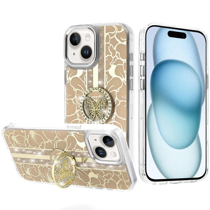 Phone Case for iPhone 15 (6.1") Floral Butterfly Ring Stand Glitter Shockproof Hybrid Luxury Metal Camera Protective Anti Slip Durable Grip Cover Gold